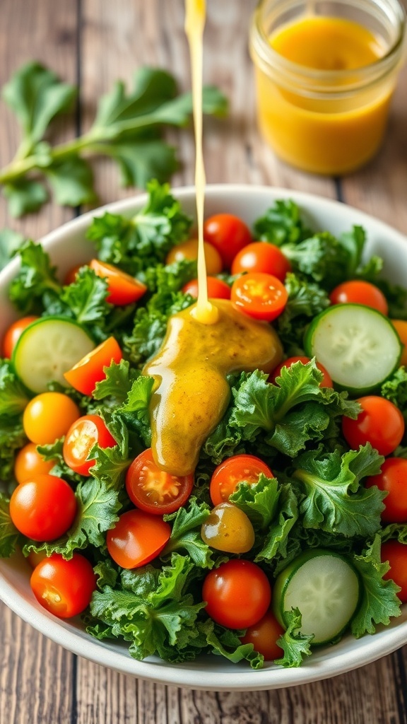 A colorful kale salad with cherry tomatoes and cucumbers, topped with zesty dressing on a wooden table.